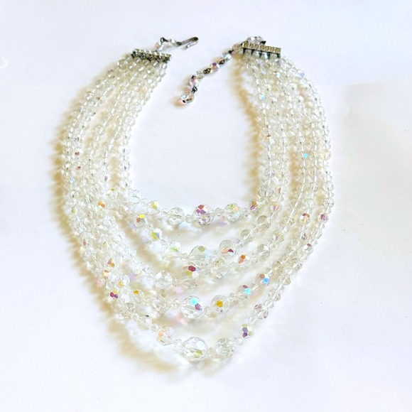 Vtg Austrian Multi 5 Strand Necklace Aurora Borealis Crystal Faceted 1960s 17" - Picture 1 of 7